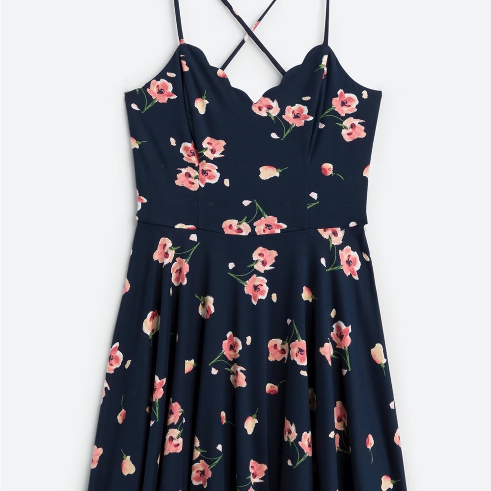 Navy Floral Scallop Neck Fit & Flare Dress
